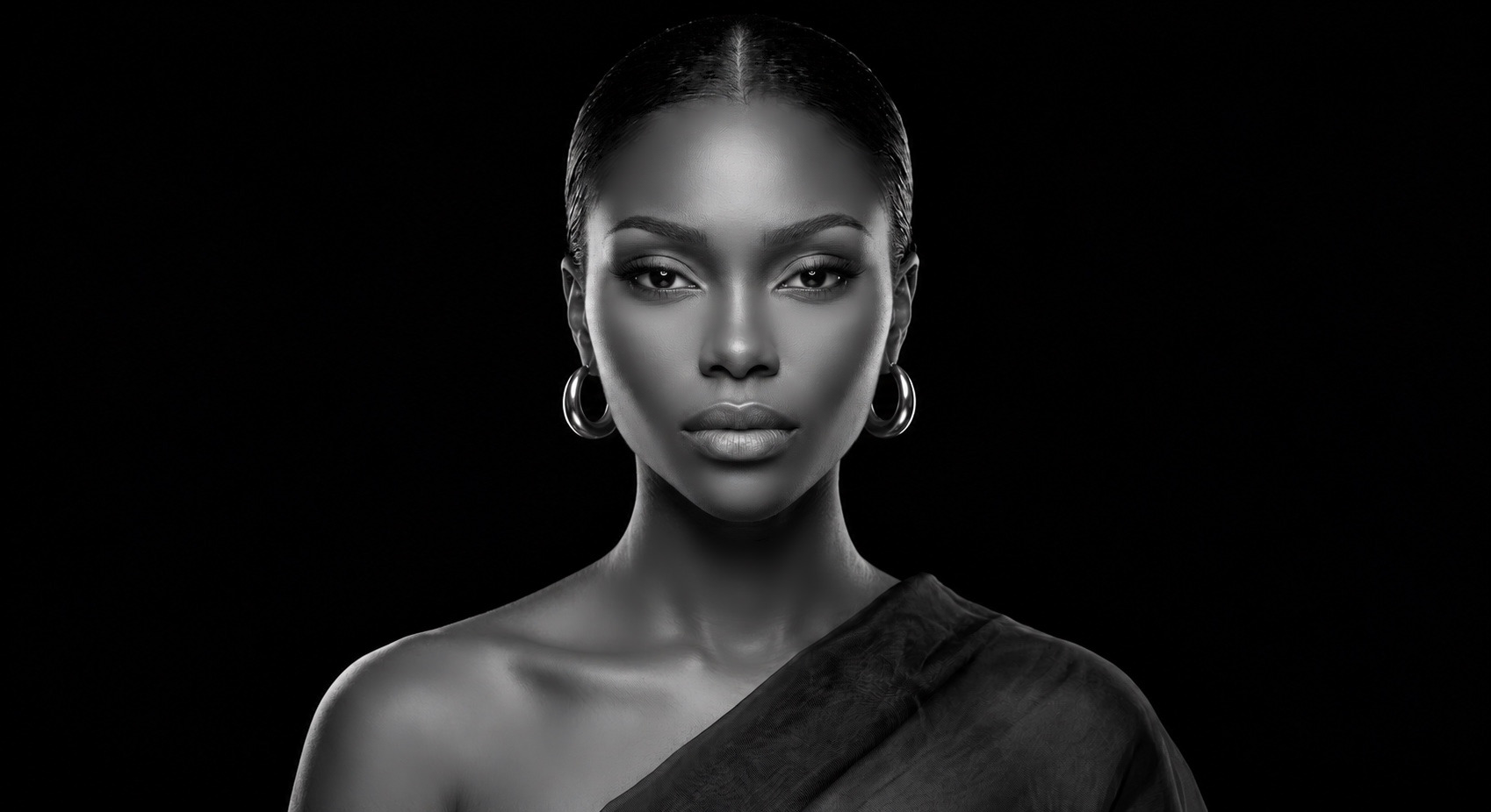 Retrato de mulher negra de frente em preto e branco